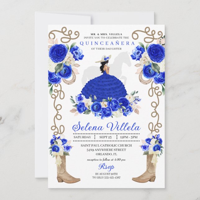 Blue Western Mariachi Charro Princess Quinceañera Einladung (Vorderseite)