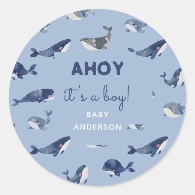 Blue Whale AHOY Es ist eine Baby-Dusche Runder Aufkleber (Vorderseite)