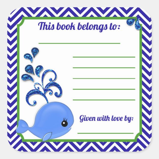 Blue Whale Baby Shower Book Plakatkleber Sq Quadratischer Aufkleber (Vorderseite)