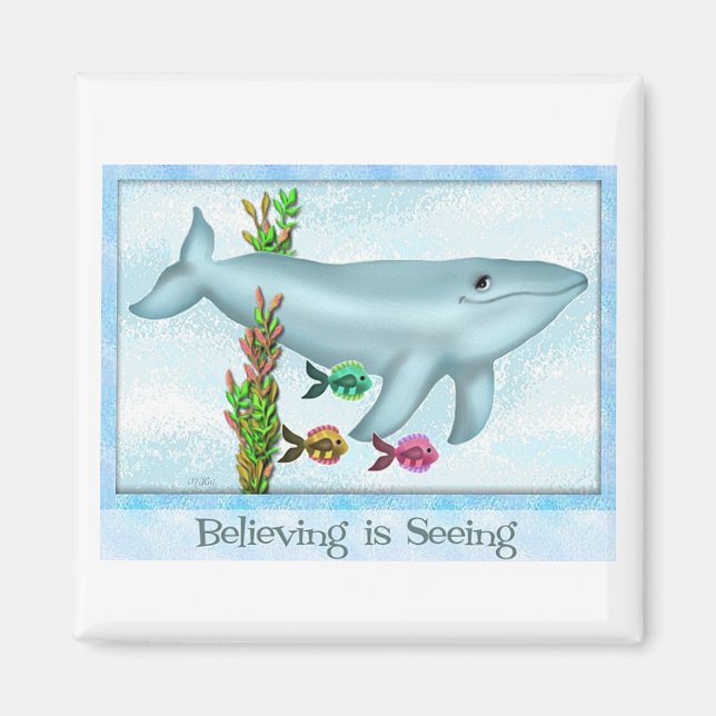 Blue Whale & Fish Friends Square Magnet (Vorne)