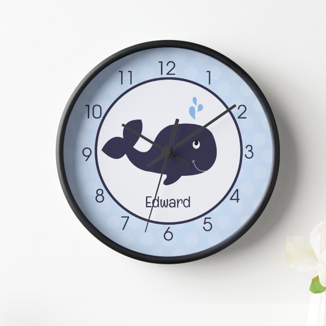 Blue Whale Nautical Ocean Kinderzimmer Kids Wall Uhr (Blue Whale Nursery Clock with  customized name)