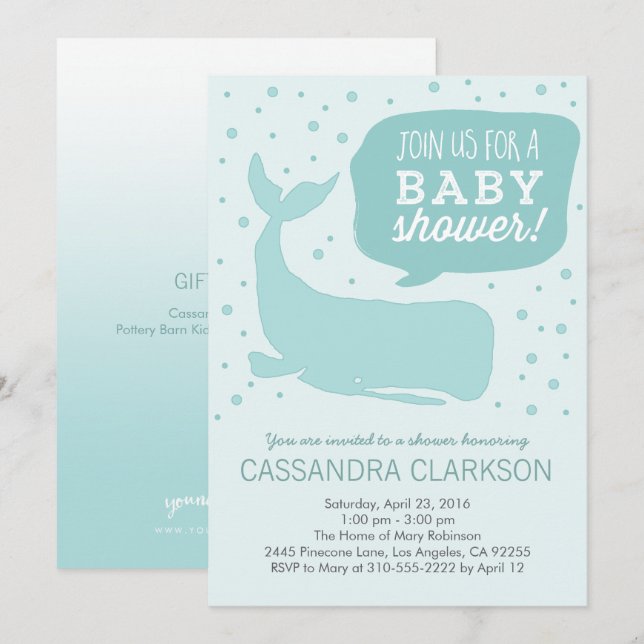 Blue Whale Stylish Baby Shower Invitations (Devant / Derrière)