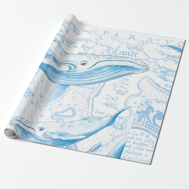 Blue Whales Family White Geschenkpapier (Ungerollt)