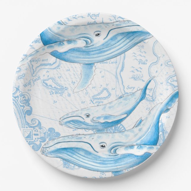 Blue Whales Family White Pappteller (Vorderseite)
