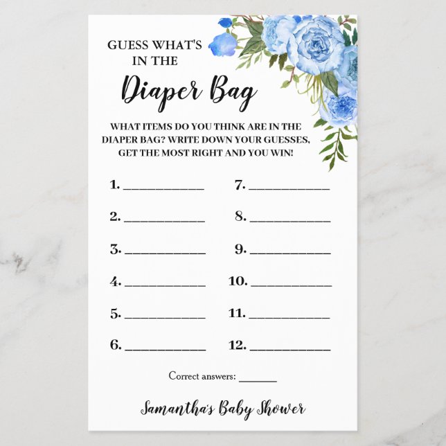 Blue Whats in the Diaper Bag Baby Shower Game Card Flyer (Vorne)
