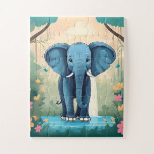 Blue Whimsical Baby Elephant,