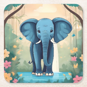 Blue Whimsical Baby Elephant, Rechteckiger Pappuntersetzer