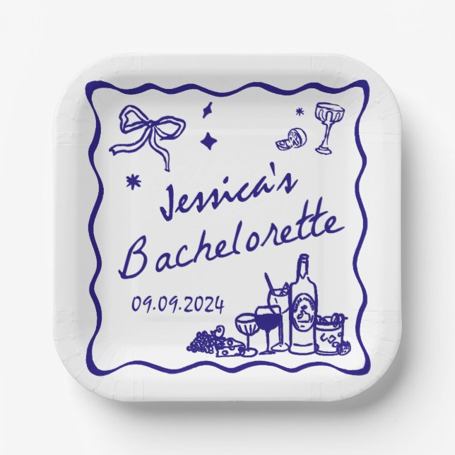 Blue Whimsical Beach Junggeselinnen-Abschied Pappteller (Vorderseite)