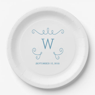 Blue Whimsical Blühte Monogram Paper Teller