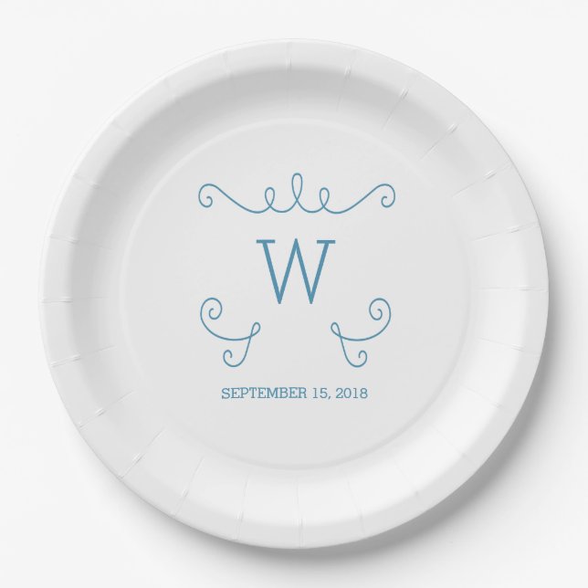 Blue Whimsical Blühte Monogram Paper Teller (Vorderseite)