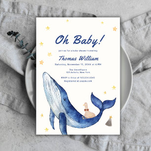Blue Whimsical Duckling Star Whale Baby Dusche Einladung