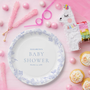 Blue Whimsical Garden Chinoiserie Babydusche Pappteller