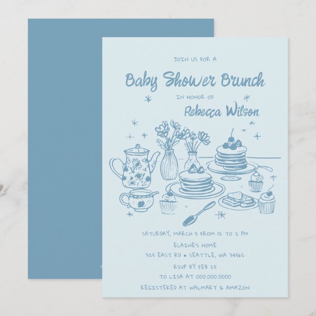Blue Whimsical Hand Drawn Boy Baby Dusche Brunch Einladung (Vorne/Hinten)
