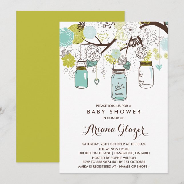 Blue Whimsical Mason Jars Baby Dusche Einladung (Vorne/Hinten)