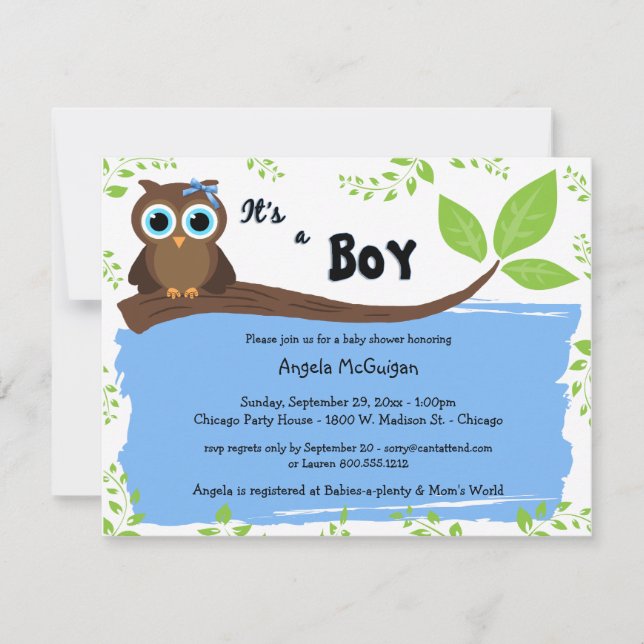 Blue Whimsical Owl Baby Dusche einladen Einladung (Vorderseite)