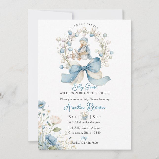 Blue Whimsical Silly Goose Baby Shower Invitation Einladung (Vorderseite)