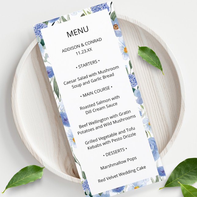 Blue Whimsical Watercolor Garden Menu de mariage (Créateur téléchargé)