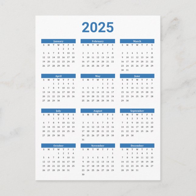 Blue & White 2025 Jahr auf einen Blick Postkarte (Vorderseite)
