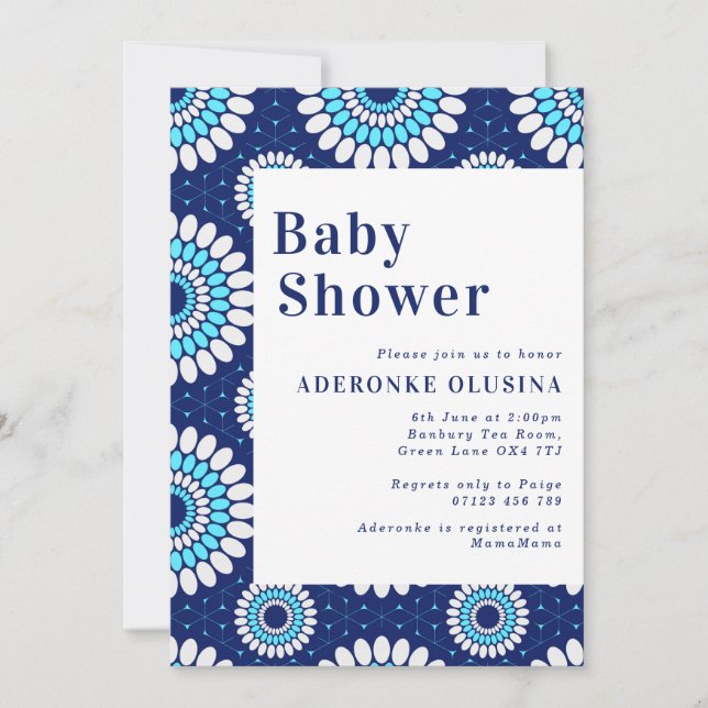 Blue & White African Wax Print Baby Dusche Einladung (Vorderseite)