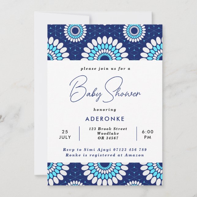 Blue & White African Wax Print Baby Dusche Einladung (Vorderseite)