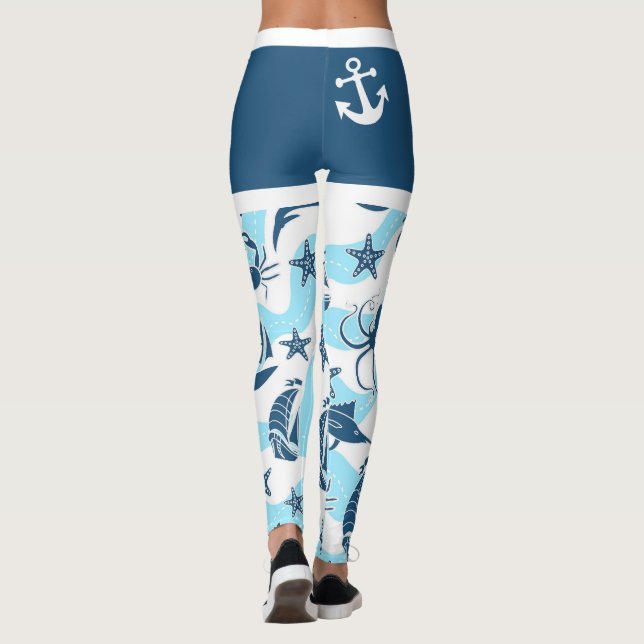 Blue White Anchor Sailboat Sea Life Beach Leggings (Rückseite)