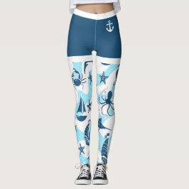 Blue White Anchor Sailboat Sea Life Beach Leggings