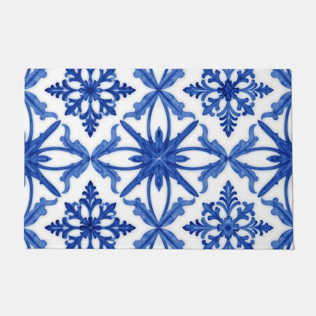 Blue White Azulejo Tile Floral Pattern Fußmatte (Vorderseite)