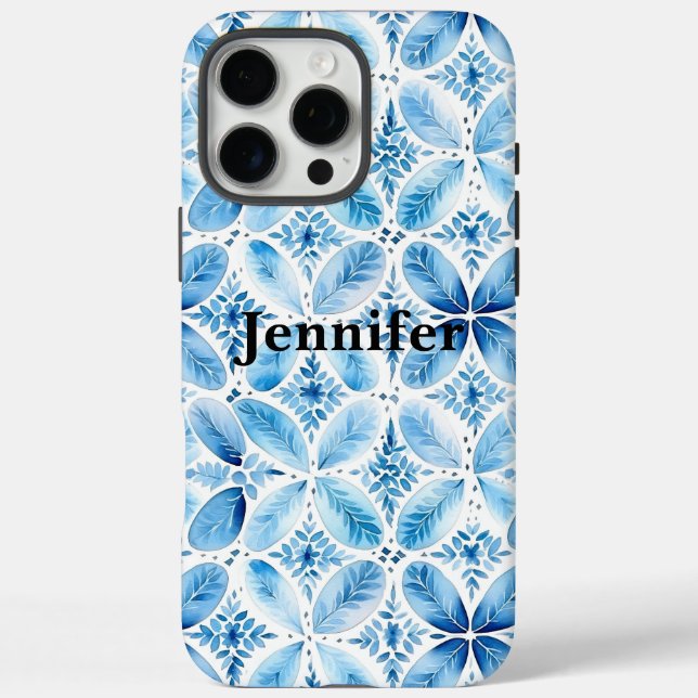 Blue White Batik Floral iPhone 16 Pro Max Hülle (Rückseite)