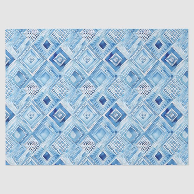 Blue White Batik Square Jewel Seidenpapier (Vorderseite)