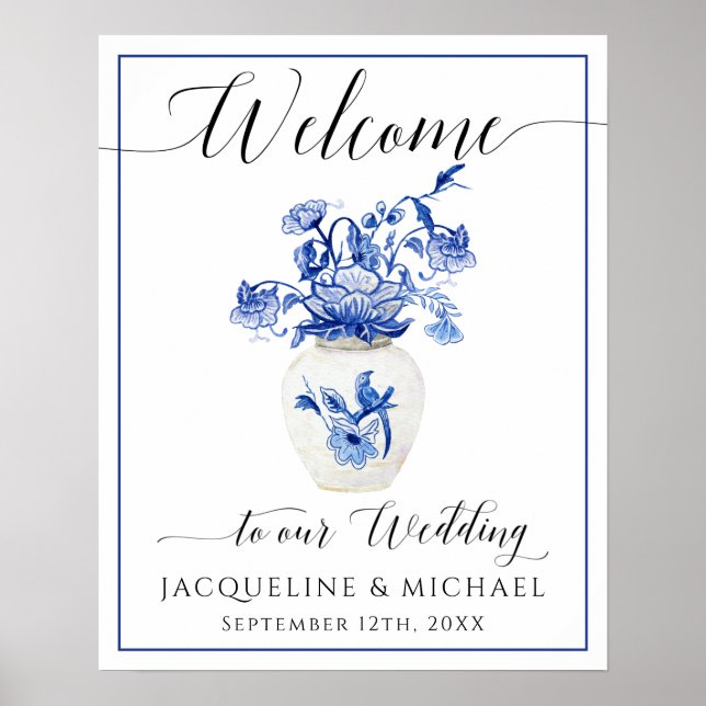 Blue White Bird Floral China Vase Begrüßung Poster (Vorne)