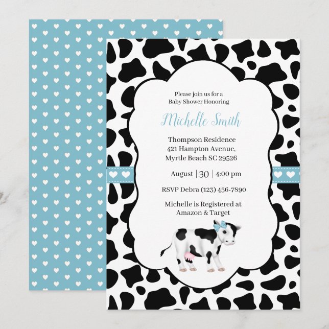Blue White Black Cow Print Baby Dusche Einladung (Vorne/Hinten)