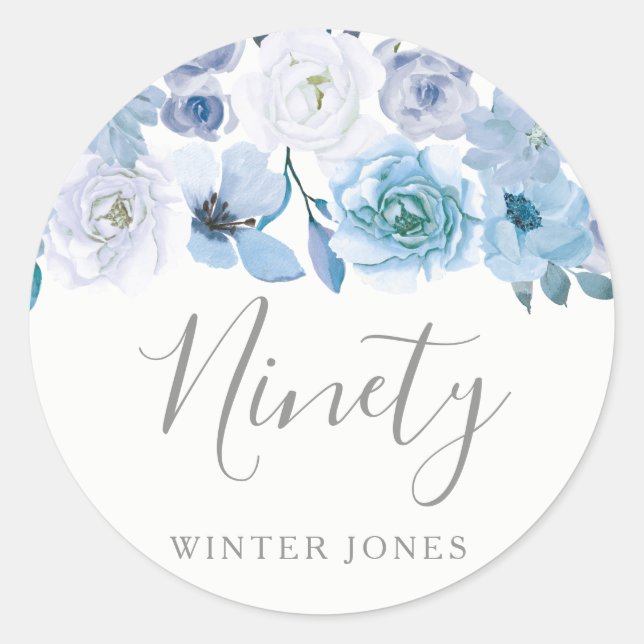 Blue White Blume 90. Geburtstagsparty Sticker (Vorderseite)