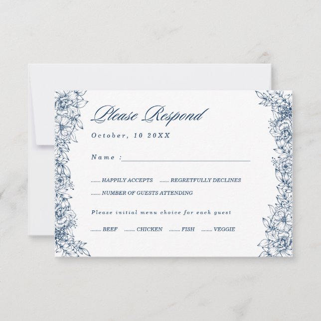 Blue White Blume Elegantes Menü Auswahl RSVP Karte (Vorderseite)