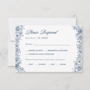 Blue White Blume Elegantes Menü Auswahl RSVP Karte
