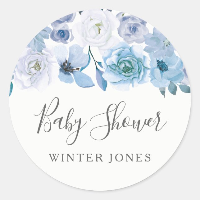 Blue White Blume Junge oder Mädchen Baby Dusche Ge Runder Aufkleber (Vorderseite)