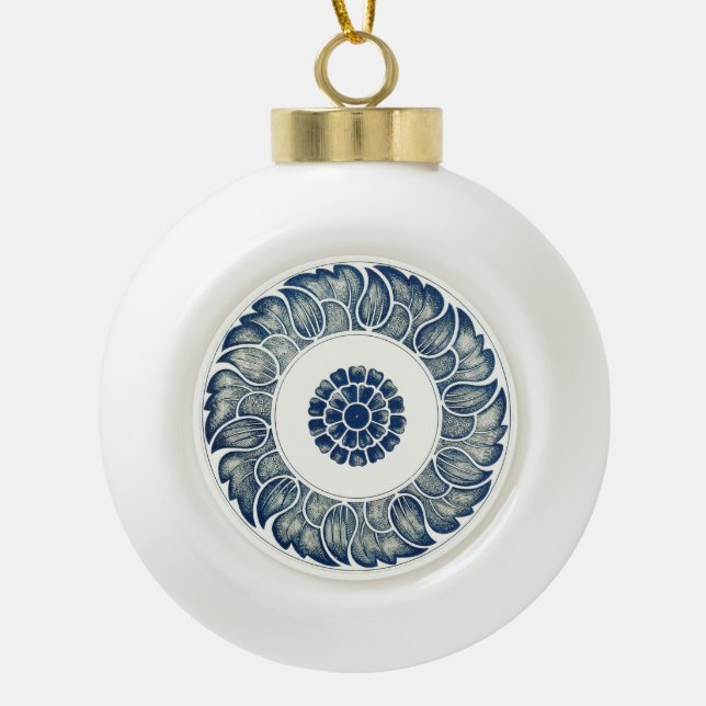 Blue White Blumenchinesisch Runde Keramik Kugel-Ornament (Vorderseite)