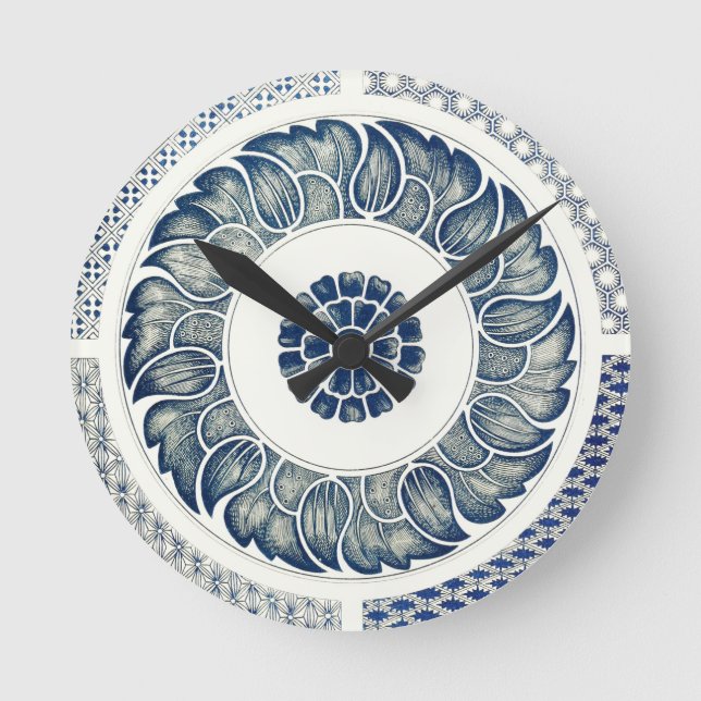 Blue White Blumenchinesisch Runde Runde Wanduhr (Vorderseite)