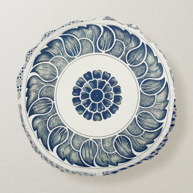 Blue White Blumenchinesisch Runde Rundes Kissen (Rückseite)