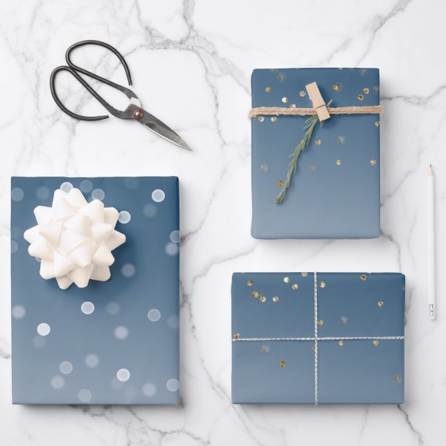 Blue White Bokeh Gold Glitter Confetti Christmas Geschenkpapier Set (Vorderseite)