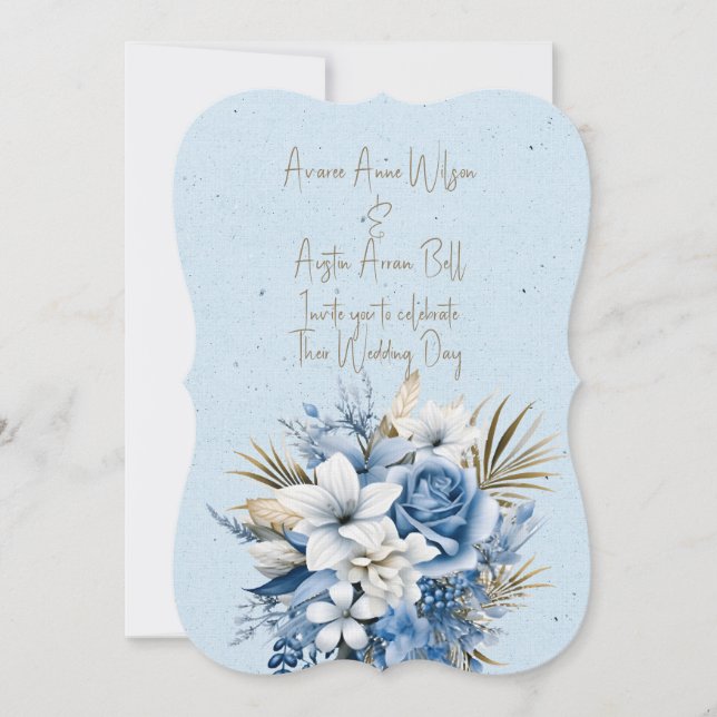 Blue White Brown Floral Wedding Bouquet Einladung (Vorderseite)