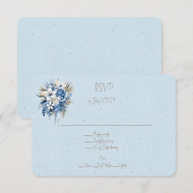 Blue White Brown Floral Wedding Bouquet RSVP Karte (Vorne/Hinten)