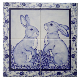 Blue & White Bunny Rabbit Dedham Delft Whimsical Fliese