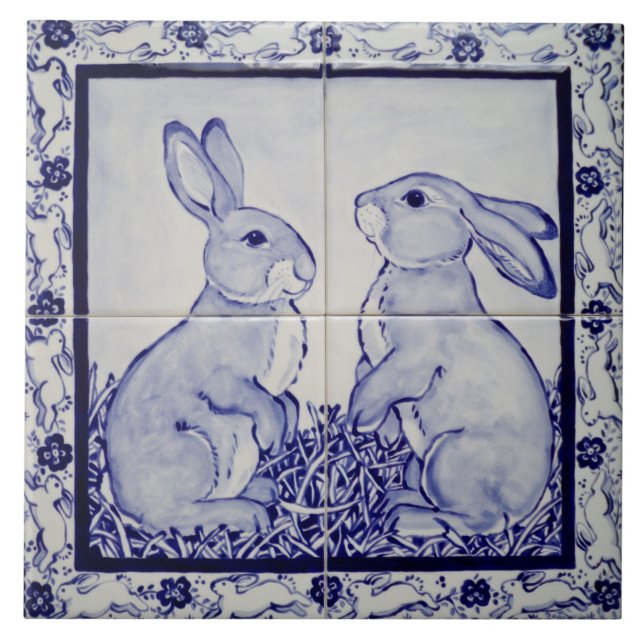 Blue & White Bunny Rabbit Dedham Delft Whimsical Fliese (Vorderseite)
