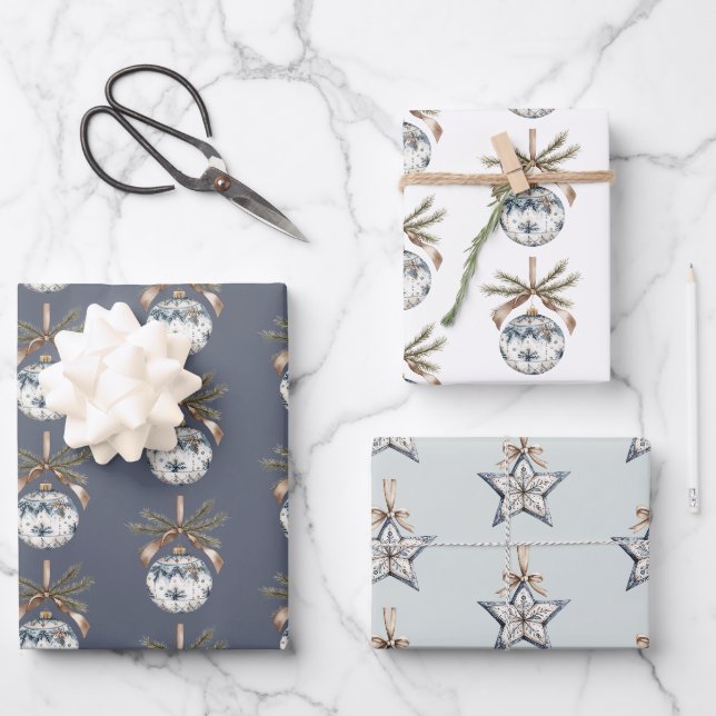 Blue White Champagne Gold Ornaments Christmas Geschenkpapier Set (Vorderseite)