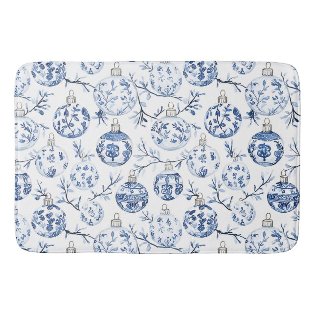 Blue White Chic Blues Weihnachtsschmuck Badematte (Vorderseite)