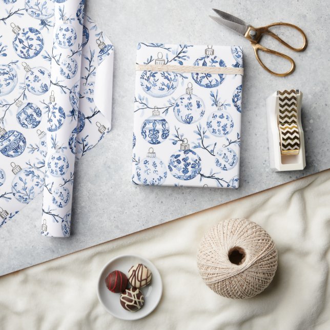 Blue White Chic Blues Weihnachtsschmuck Geschenkpapier (Kunsthandwerk)