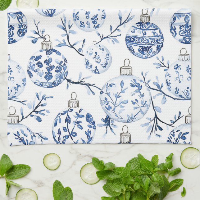 Blue White Chic Blues Weihnachtsschmuck Geschirrtuch (Gefaltet)