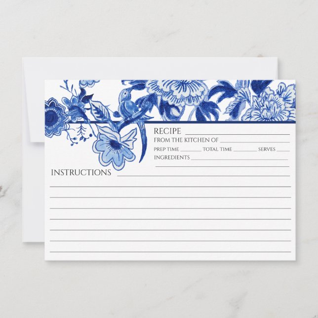 Blue White Chinoiserie Bird Bridal Rezept Karte (Vorderseite)