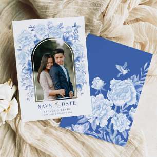 Blue White Chinoiserie Bird Peony Save the Date Einladung