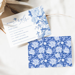 Blue White Chinoiserie Bird Peony Wedding RSVP Karte